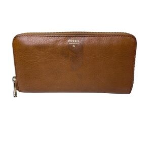 Fossil Tan Brown Pebble Leather Wallet  Zip Around Clutch